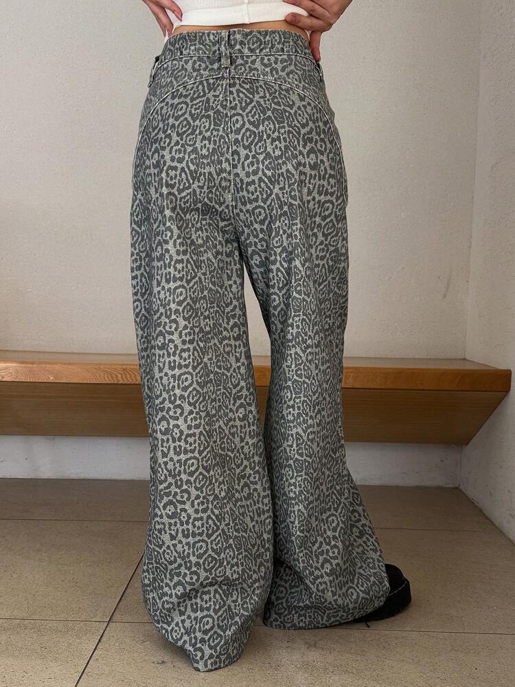 Leopard Print Flare Jeans With Pockets For Women