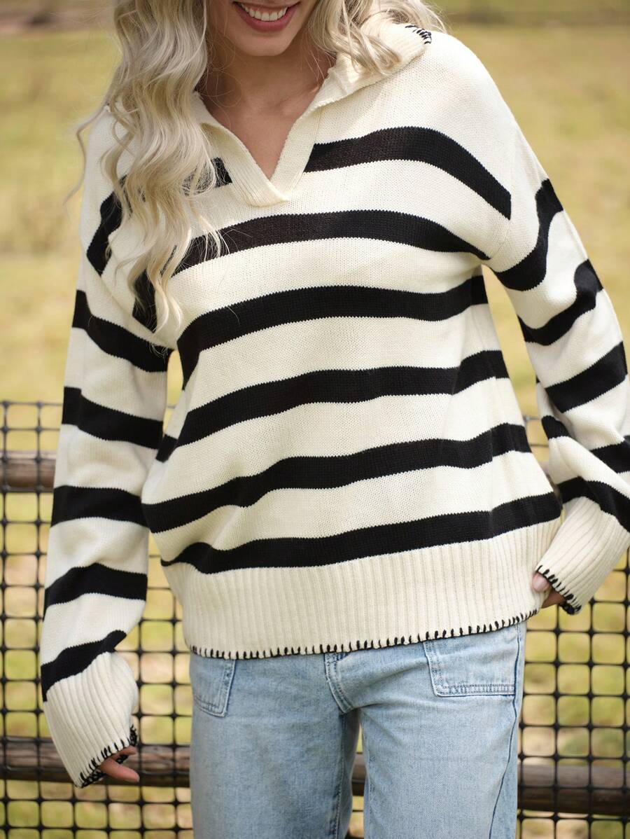 LanaWest Damen Oversized V-Ausschnitt gestreifter locker gestrickter Pullover, lässiger College-Stil für Herbst/Winter Strickpullover - Schwarz und Weiss - Übersicht 1