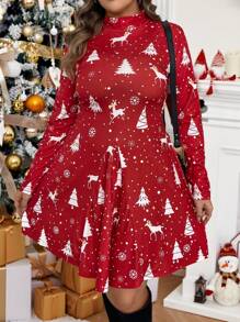 SHEIN VCAY Plus Size Christmas Stand Collar Long Sleeve Waist Cinched Dress Christmas Clothes Women Christmas Dress Winter Clothes Pleated Skirt Christmas Outfit Women Christmas Dresses Going Out Outfits Basic Dress Long Sleeve