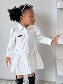 SHEIN Explorewe 女婴休闲日常街头时尚酷女孩图案长袖褶皱连衣裙，适合秋冬季外出、幼儿园，适合宝宝的时尚造型 - 白色 - 查看 4