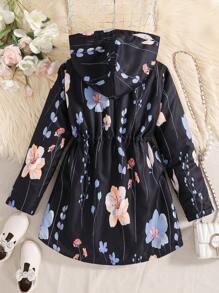 Tween Girl Floral Print Zip-Up Fleece Hoodie Jacket - Black - View 2