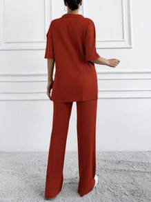 EURMUSE Cotton Two Pieces Set Polo Neck Top And Pant Set Rib Knit Fabric - Burnt Orange - View 2