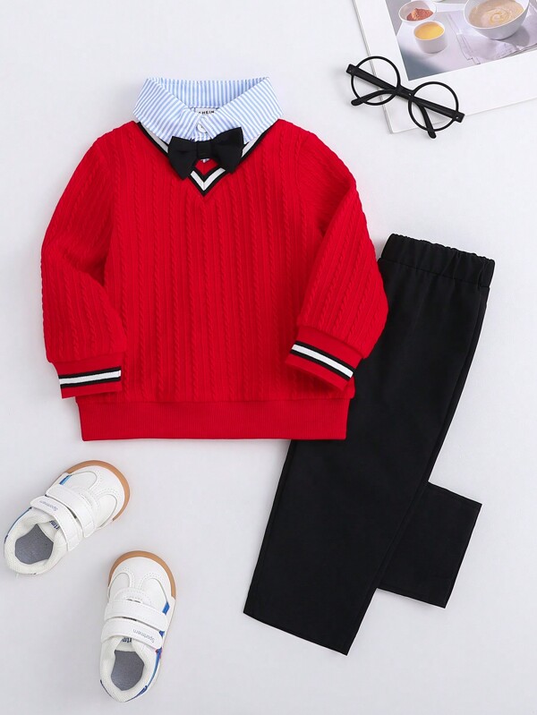 Souflis Souflis 3pcs Baby Boy Set: Striped Long Sleeve Shirt, Red Crew Neck Sweater, Black Pants With Black Bow Tie , Suitable For Autumn/Winter Occasions Like Christmas Parties, Family Gatherings, Weddings, Photoshoots