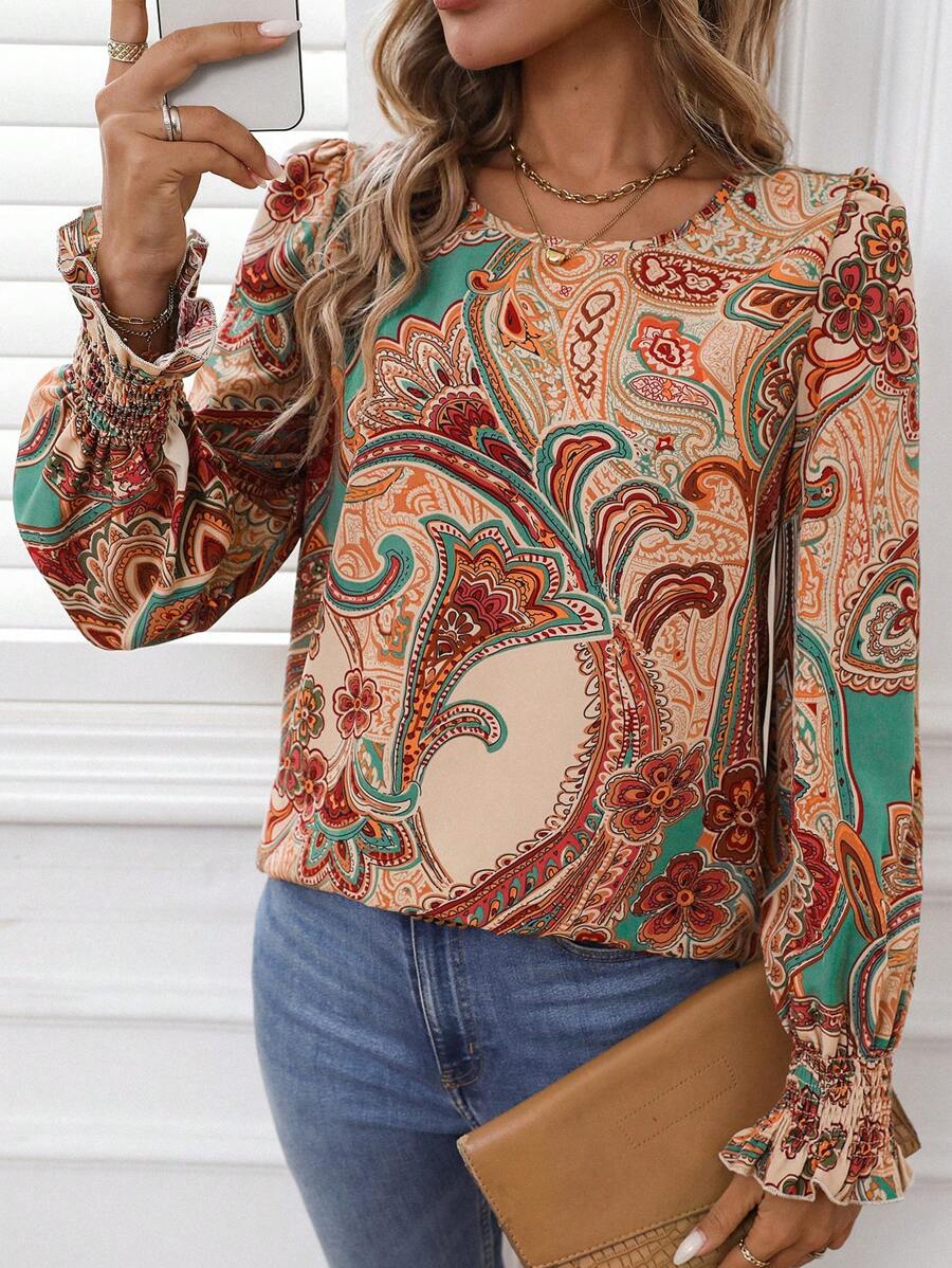 SHEIN LUNE Women Pattern Long Sleeve Shirt With Rolled-Up Sleeve Cuffs Peplum Top - Multicolor - View 1