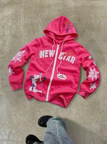 Manfinity EMRG Sudadera con capucha y cremallera con estampado de estrella y cruz en 'INS' color rosa para hombre, sudadera con capucha de manga larga con cremallera estilo rapero 'Y2K' de uso diario, regalo para amigos, esposo, novio