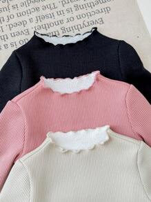 3pcs Tween Girls Solid Color Knit Ribbed Ruffle Hem Long Sleeve Tops Set, Casual - Multicolor - View 6