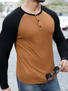 Manfinity Homme Áo thun tay dài cổ tròn cài nút phía trước màu tương phản cỡ lớn cho nam, dùng khi đi chơi - Nhiều màu - Xem 5