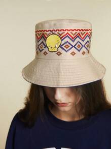 LOONEY TUNES X SHEIN Reversible Cartoon & Geometric Printed Sun Protection Bucket Hat, Casual Style - Camel - View 3