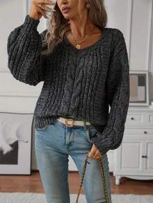 1pc Women Solid Color Twist Pattern Casual Pullover Sweater - Grey - View 4