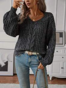 1pc Women Solid Color Twist Pattern Casual Pullover Sweater
