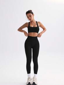 Slayform 女士纯色镂空休闲运动上衣和裤子套装健身房套装健身女士套装女士紧身裤套装 - 黑色 - 查看 4