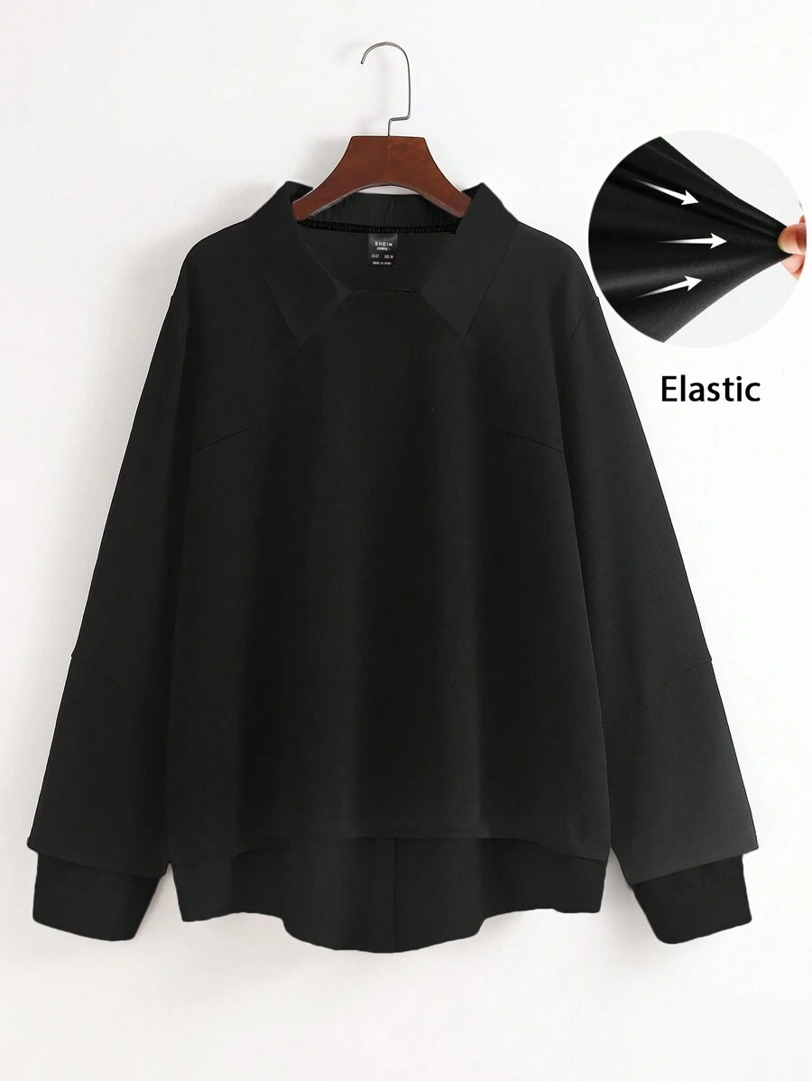 SHEIN CURVE+ 大码女式春秋季二合一撞色领秋季运动衫上衣 - 黑色 - 查看 1