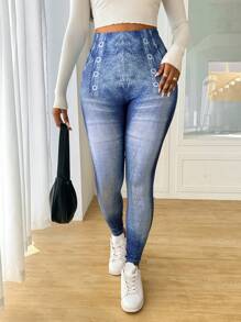 Zolique Femmes Leggings à taille haute effet denim simple, porter casual au quotidien - Bleu azur - Voir 1