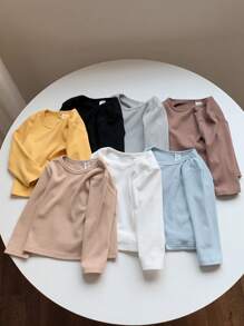 SHEIN Conjunto de 7 camisetas de manga larga de punto de unicolor, ideales y versátiles para niños y niñas pequeños en otoño/invierno