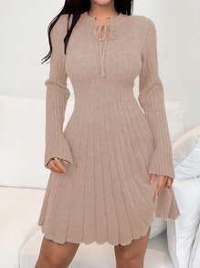 Lunelith SHEIN Lunessa Vestido de suéter ajustado para mujeres con cuello en V, con cordones en la cintura y corte evasé de un solo color