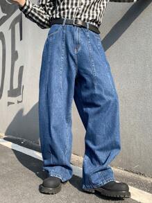 Manfinity Hypemode Men's Dark Blue Vintage Washed Denim Wide Leg Casual Pants
