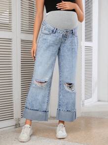SHEIN Maternity Fashionable And Casual Versatile Ripped Non-Stretch Denim Straight Jeans - Medium Wash - View 4