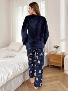 Women 2pcs Plush Bear Embroidery Allover Print Long Fluffy Pajama Set, Autumn/Winter, Fall Winter Clothes