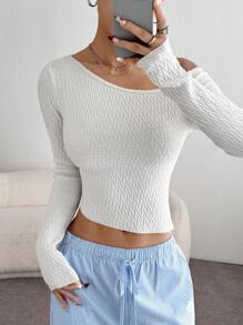 Flirla Women's Solid Color Oblique Shoulder Long Sleeve Minimalist Sweater, Casual For Daily Wear