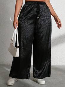 Flirla Quần dài rộng rãi có túi rút họa tiết da báo cỡ lớn - màu đen - Xem 6