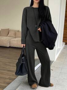 DAZY 2pcs/Set Women Solid Color Crew Neck Long Sleeve Sweater Top And Wide Leg Pants Casual Knit Suit