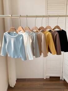 SHEIN Conjunto de 7 camisetas de manga larga de punto de unicolor, ideales y versátiles para niños y niñas pequeños en otoño/invierno