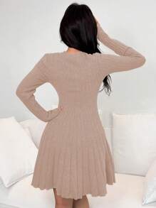 Lunelith SHEIN Lunessa Vestido de suéter ajustado para mujeres con cuello en V, con cordones en la cintura y corte evasé de un solo color