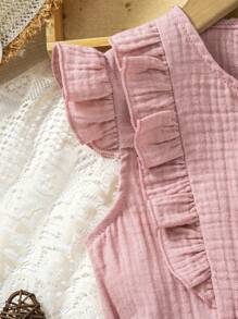 SHEIN Vintaside Kids Young Girls' Casual Ruffle Trim Sleeveless Romper & Belt, Suitable For Party, Beach, Holiday, Summer - Pink - View 3