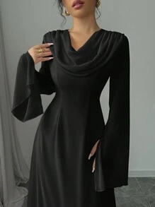 Elenzga 1 件女士优雅浪漫摆领荷叶边喇叭袖长袖连衣裙长款女装 - 黑色 - 查看 4