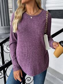 SHEIN Maternity Casual Solid Color Ribbed Knit Long Sleeve T-Shirt, Knit T-Shirt, Autumn