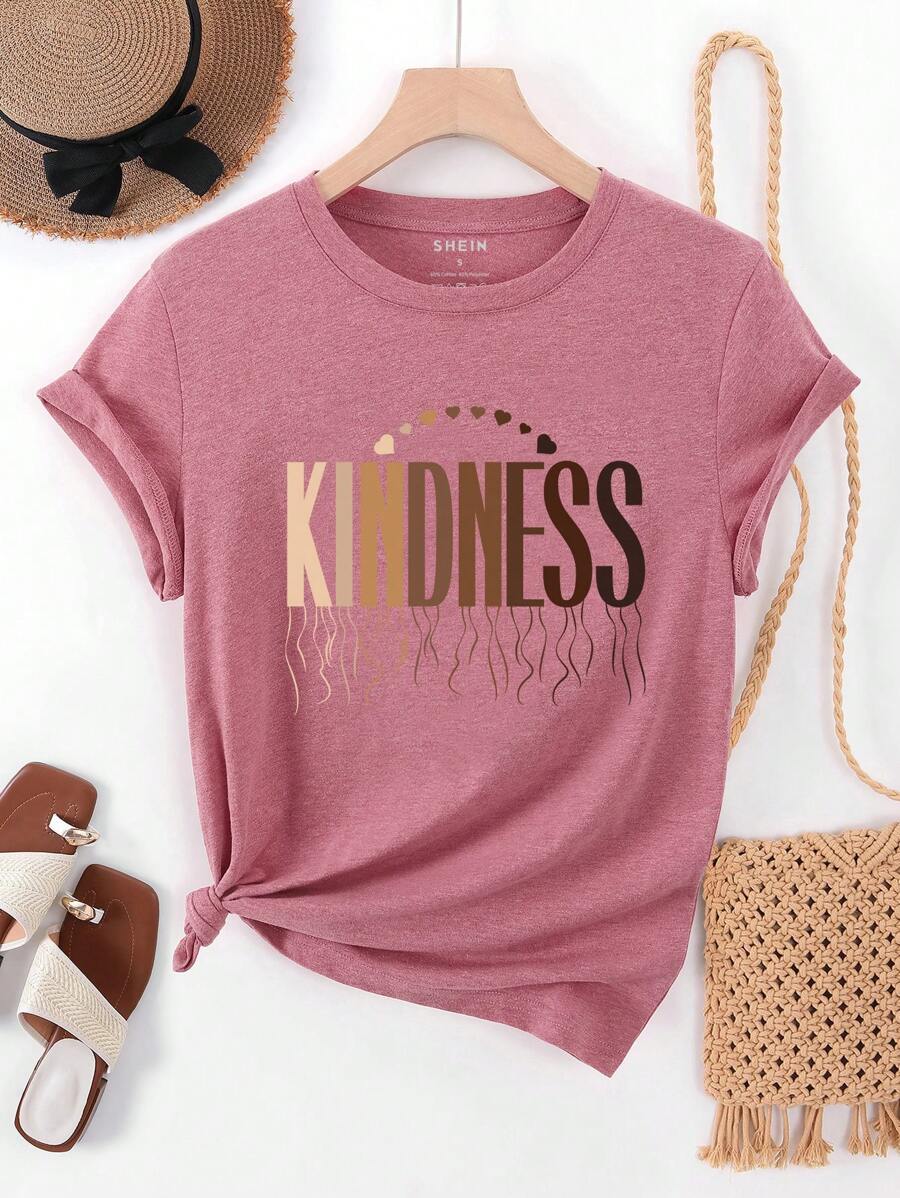 INAWLY 休闲简约字母印花圆领短袖 T 恤图案 T 恤女式上衣 - 藕粉色 - 查看 1