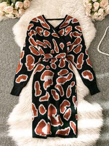SHEIN Clasi 2024 Nowa Moda Leopard Print Criss-Cross Sweter Sukienka Dla Kobiet