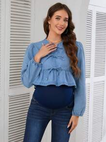 SHEIN Maternity Autumn Casual Ruffle Hem Cropped Denim Top