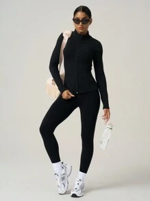 SHEIN Sports Women's Solid Color Front Zip Long Sleeve Casual Fleece Jacket