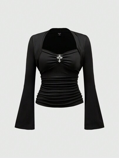 Goth Vintage Gothic Cross Pendant Solid Color Stretchy Long Sleeve T-Shirt For Women