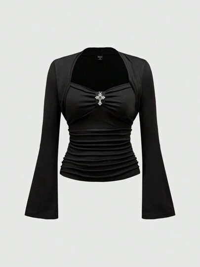 Goth Vintage Gothic Cross Pendant Solid Color Stretchy Long Sleeve T-Shirt For Women