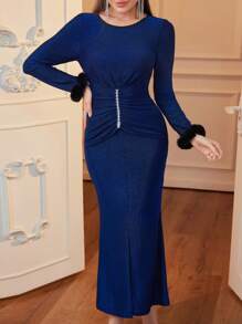 Modelyn Pleated Round Neck Knitting Belt Women's Mid-Length Dress Long Evening Dresses Fall Cloth For Women - Blue - View 1