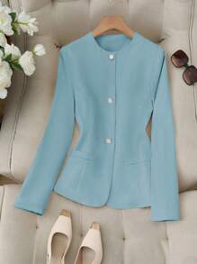 SHEIN LUNE 女士纯色前扣长袖口袋休闲西装外套 - 淺藍色 - 查看 1