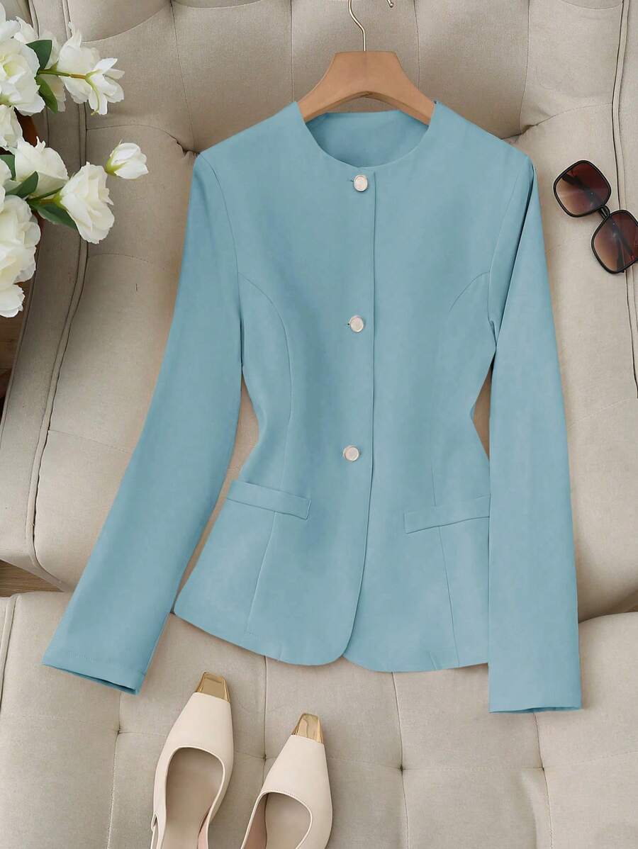 SHEIN LUNE 女士纯色前扣长袖口袋休闲西装外套 - 淺藍色 - 查看 1