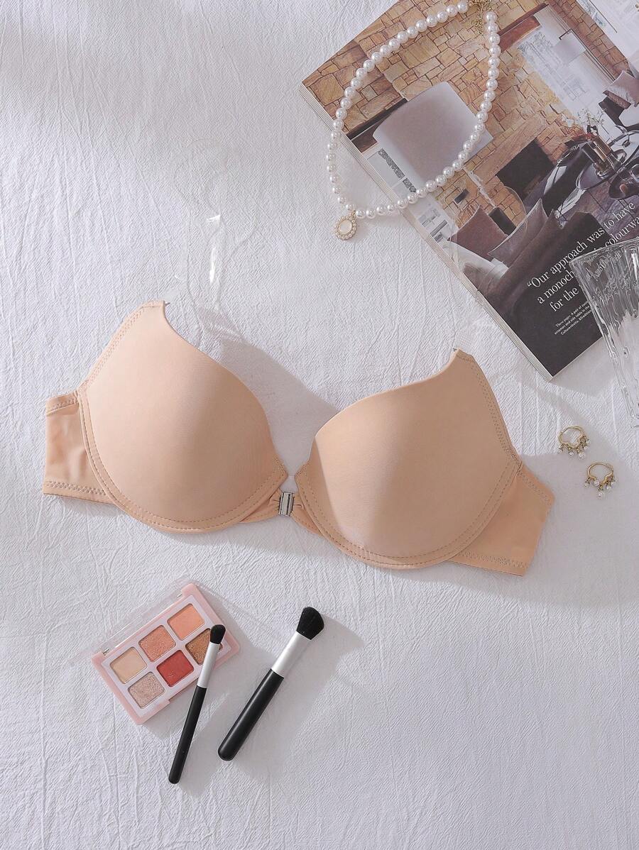 SHEIN Women's Solid Color Front Closure Simple Bra, Casual Daily Wear - Apricot - View 1