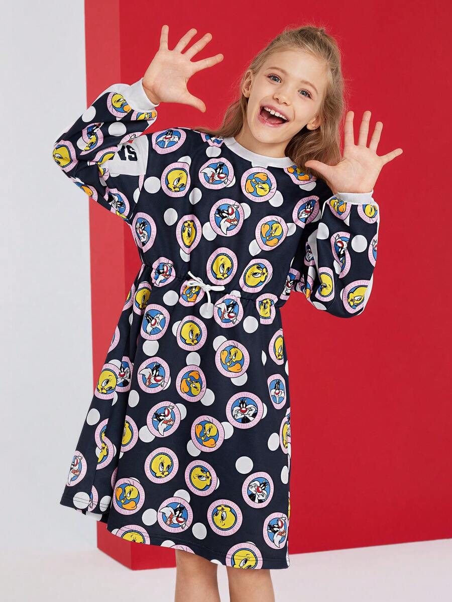 LOONEY TUNES X SHEIN Tween Girl Cartoon Tweety & Daffy Duck Letter Graphic Black Casual Sport Comfy Cinched Waist Long Sleeve Pajamas Dress - Multicolor - View 1