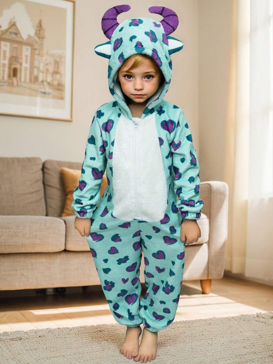 SHEIN 年轻女孩薄荷绿色爱心与恐龙 3D 图案连帽长袖连身裤,毛绒家居服 - 薄荷綠 - 查看 1