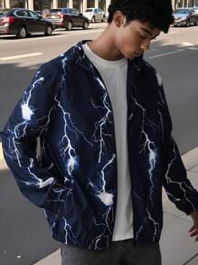 Manfinity VCAY Men's Woven Fashionable Casual Loose Fit Long Sleeve Hooded Jacket For Daily Wear,Sun Protection Waterproof Quick Drying,Blue,Lightning Pattern,Halloween Jakets&Coats