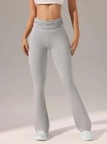 Quần ống loe tập yoga xếp ly liền mạch co giãn cao màu trơn - Màu Xám nhạt - Xem 2