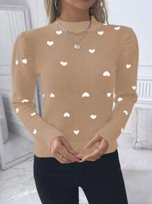 SHEIN Clasi Maglione lavorato a maglia con scollo a giro, maniche lunghe, dettaglio a cuore, stile minimalista casual, per autunno e inverno - Cammello - Visualizzare 6