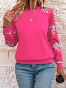 SHEIN LUNE 女士圆领长袖纯色拼布休闲上衣 - 玫紅色 - 查看 5