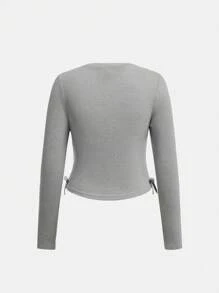 SHEIN 2 件套青少年女孩灰色简约圆领长袖抽绳侧褶 T 恤和喇叭裤舒适羊毛保暖休闲套装，秋冬