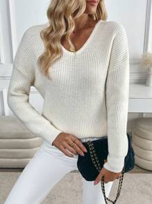 SHEIN Unity New V-Neck Bowknot Back Loose Casual Knit Pullover Sweater For Women Knit Pullover Fall Winter - Apricot - View 2