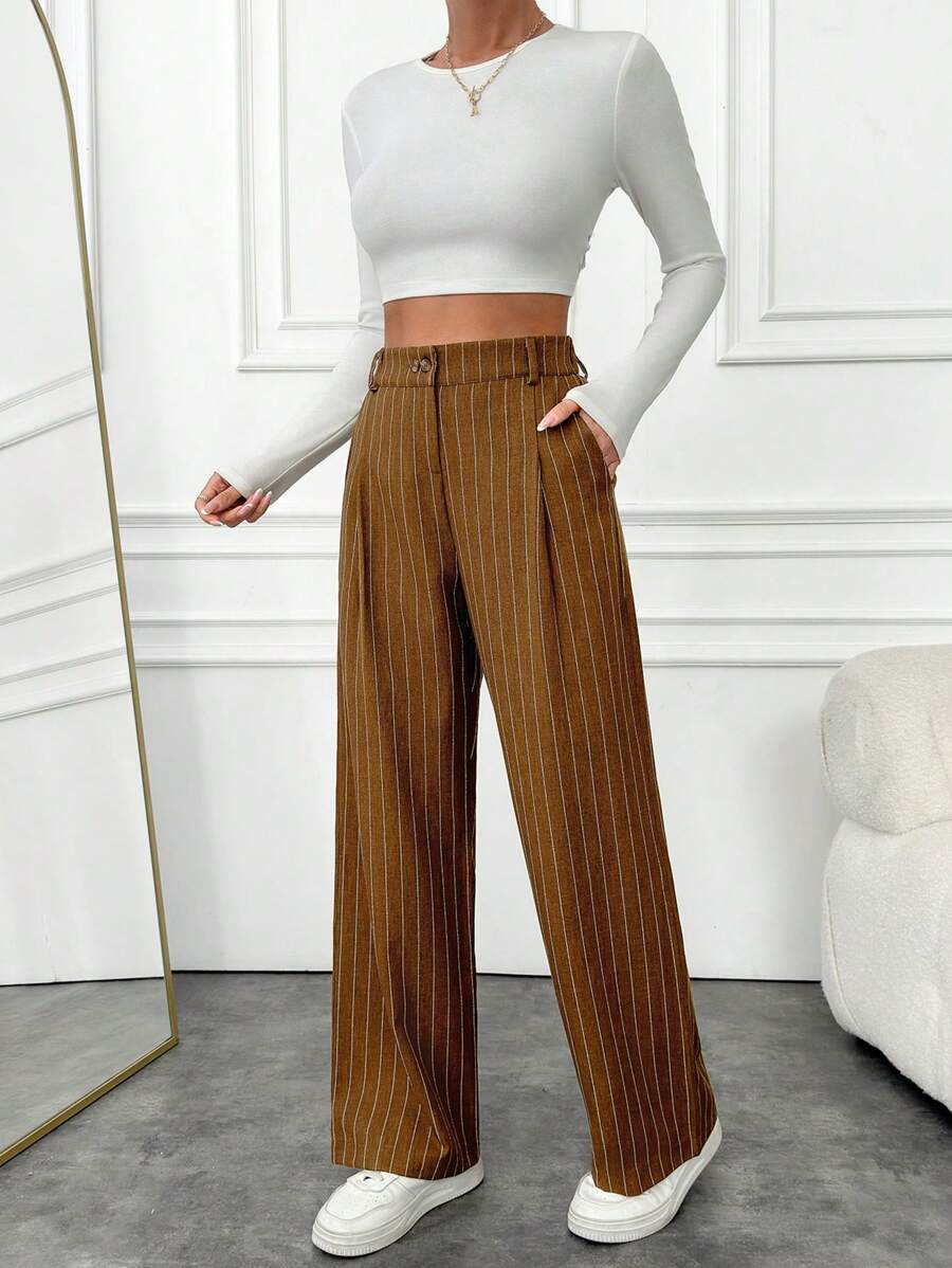 EURMUSE Women's Beige Striped Low Waist Pants - Beige - View 1