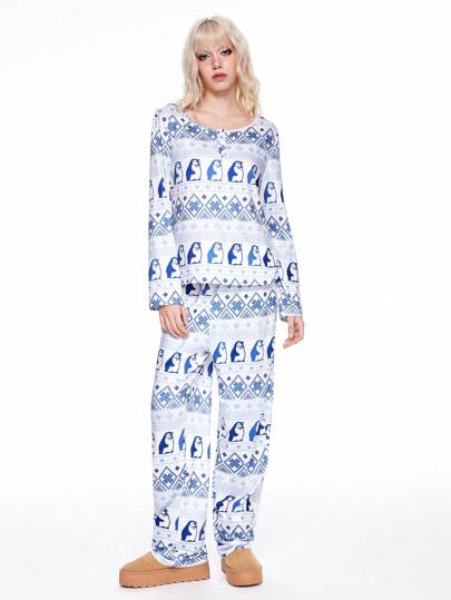 Pigiama casual con set di pantaloni e maniche lunghe con stampa integrale di pinguini kawaii e fiocchi di neve